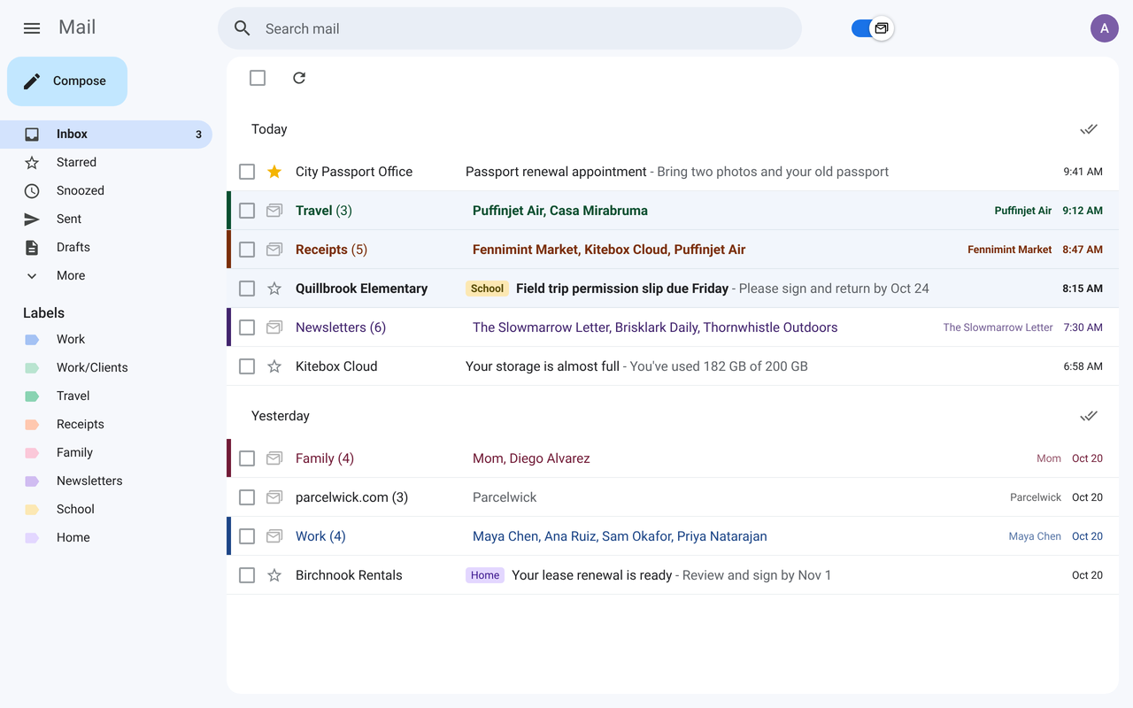 A Gmail inbox in light mode with Travel, Receipts, Newsletters, Family, Work and a sender bundle collapsed under Today and Yesterday headings