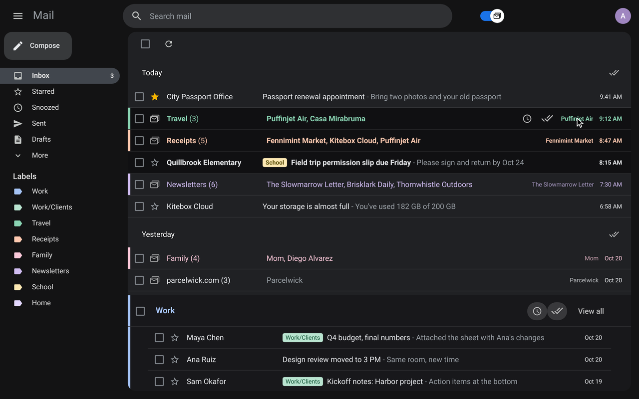 Closed bundles in dark mode, each showing the sender and date of its newest thread at the right