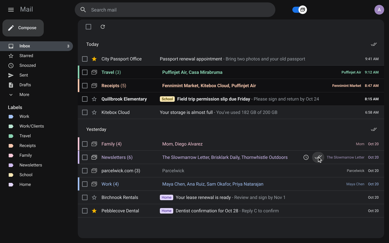 The pointer on a bundle's archive-all button in dark mode