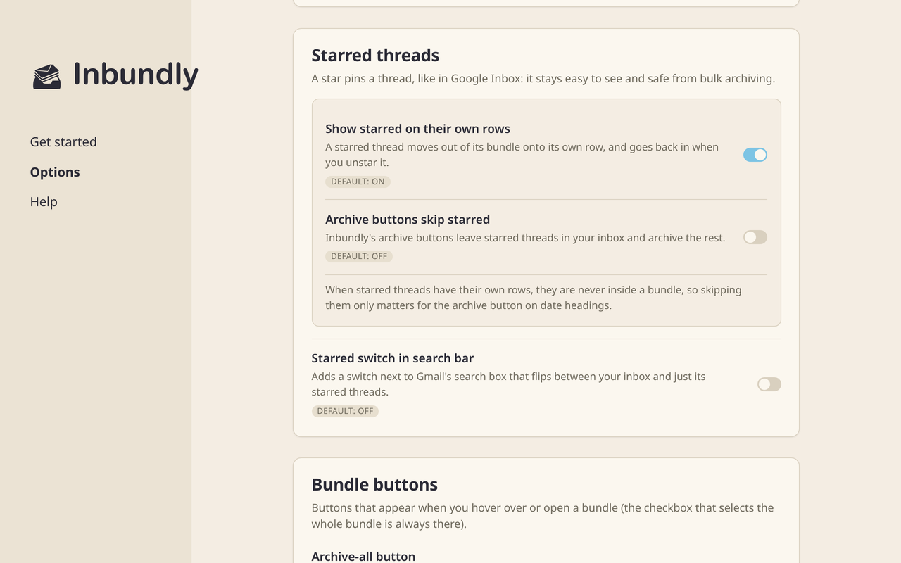 The Starred threads section of the Inbundly Options page, one plain-words row per setting with its default